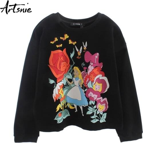 Artsnie cartoon print streetwear women sweatshirt o neck long sleeve black oversized hoodies winter fleece sweatshirts female