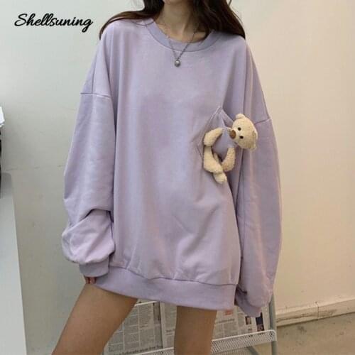 Shellsuning New Solid Color Long Sleeve Round Neck Oversize Women Autumn Hoodies Sweatshirts Bear Pocket Pullovers Streetwear
