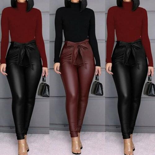 Belt High Waist Pencil Pant Women Faux Leather PU Sashes Long Trousers Casual Sexy Exclusive Design Fashion Pants