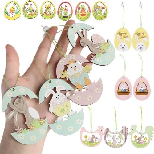 2Pcs Happy Easter Party Decor Wooden Easter Bunny Egg Rabbit Pendant Craft DIY Hanging Ornament Home Decorations for Kids Gifts