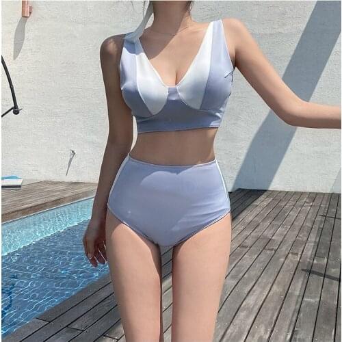 2021Women’s Color Blocking 2Pcs Bikini Suit Low Neck Backless Tank Tops with High Waist Triangle Bottoms Beachwear Bathing Suits