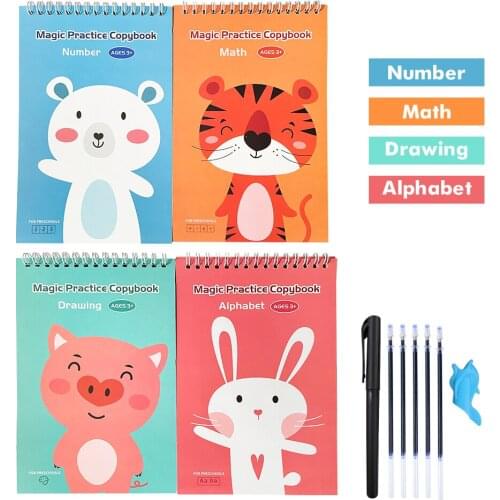 4 Books + Pen Magic Practice Book Free Wiping Childrens Toy Writing Sticker English Copybook For Calligraphy Montessori Toys