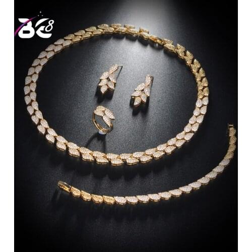 Be 8Luxury Women Jewelry Leaf Shape Bridal CZ Necklace Earring Bracelet Ring 4pcs Wedding Jewelry Set for Bride Bijoux FemmeS156