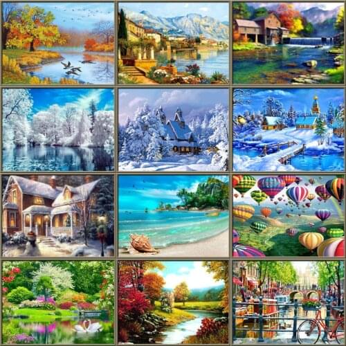 5D DIY Diamond Painting Cross Stitch Landscape Village Round Diamond Embroidery Scenic In Autumn Diamond Mosaic Art Home Decor