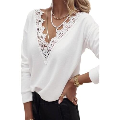 White Deep V-neck Eyelash Lace Trim Top Women Fashion Trimmed with exquisite eyelash lace Patchwork Blouse