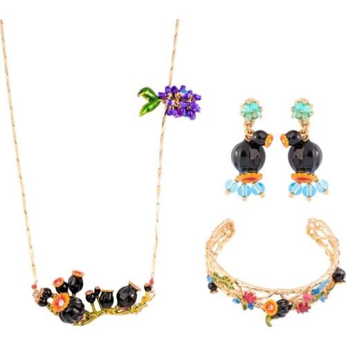 European and American Fashion Plant Series Enamel Black Poppy Flower Necklace Jewelry Set Personalized New Earrings Women
