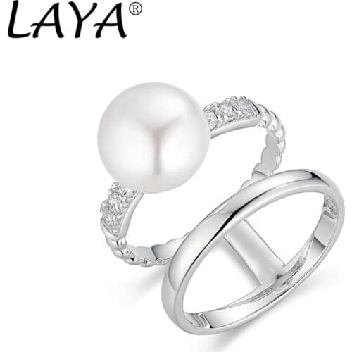 Laya Natural Freshwater Pearl Ring For Women Pure 925 Sterling Silver Double Line Zircon Ring Engaged Luxury Jewelry 2021