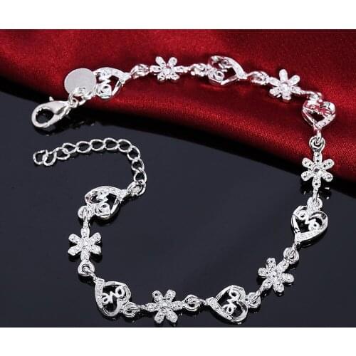 Fashion 925 sterling silver Bracelet for woman crystal romantic heart flowers chain fine jewelry Wedding party lady gifts