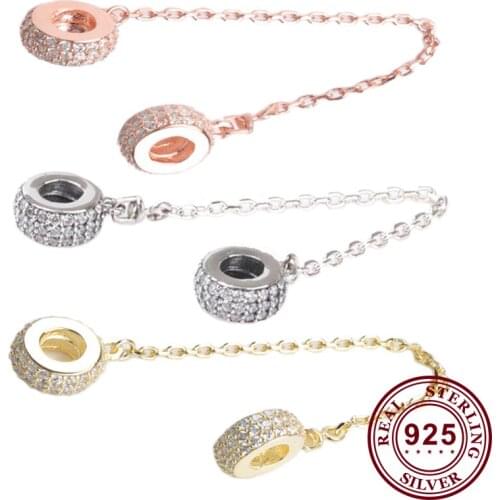 Original 925 Sterling Silver Tricolor Circle With Crystal Cz Safety Chain Fit Pandora Women Bracelet & Necklace Diy Jewelry
