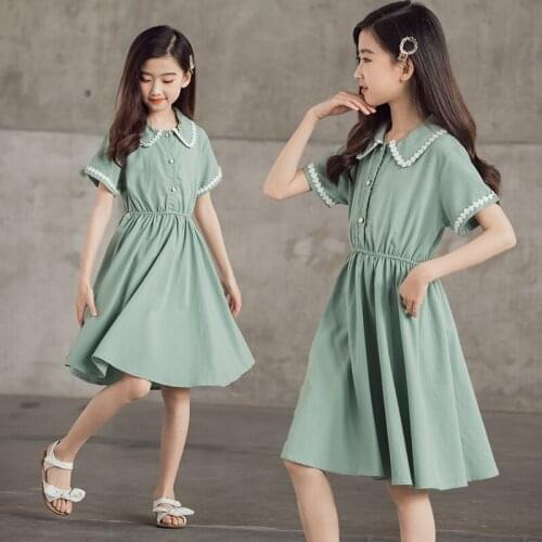 Girls Dress Summer Cotton Green Purple Kids Dresses for Girls Clothes Fashion Kids Princess Dress Student Costume 8 10 12 Years