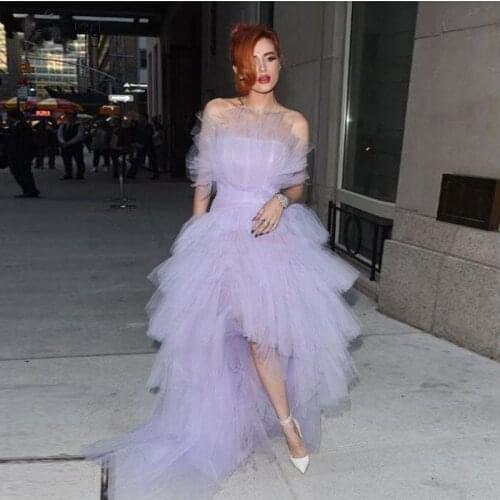 Fluffy Prom Dresses Lilac Long Ruffle Evening Dress New Design Off Shoulder High Low Celebrity Dress Party Shower