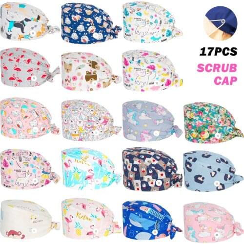 Unisex Scrubs Cap 100% Cotton Anime Printing Adjustable Scrubs Hat Beauty Salon Pet Shop Working Accessories Women Nursing Caps