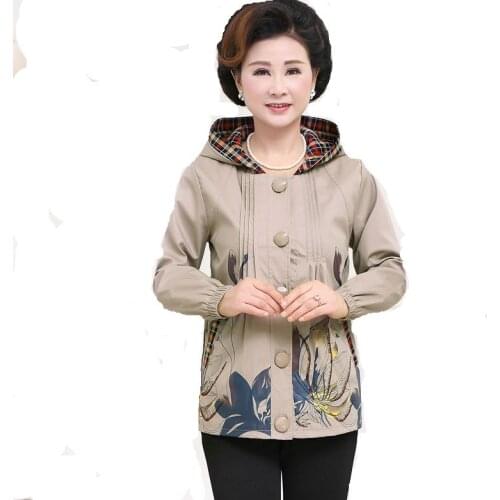 Elegant middle-aged womens spring and autumn new loose large size printed long-sleeved printed hooded jacket