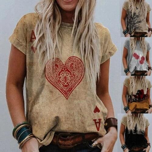 2021 Summer Vintage Printed Tops Women Casual Heart Print Short Sleeve Round Neck T-shirt Fashion Harajuku Tees Femme TShirts