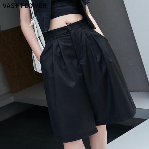 Black High Elastic Waist Pleated Wide Leg Pants Women New Fashion Personality Loose Fit Casual Knee Length Trousers Summer 2021