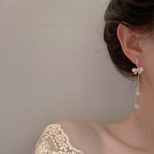 2021 New Zircon Inlaid Bowknot Opal Stone Pendant Earrings for Women Exquisite Gold Plated Dangle Earrings for Women Jewelry