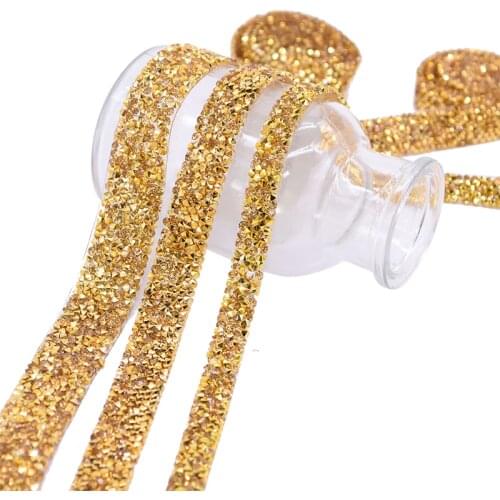 1Yard Gold Crystal Sewing Lace Trim Ribbon Hot Fix Rhinestone Tape On Appliques for Wedding Party Decoration DIY Decor Craft
