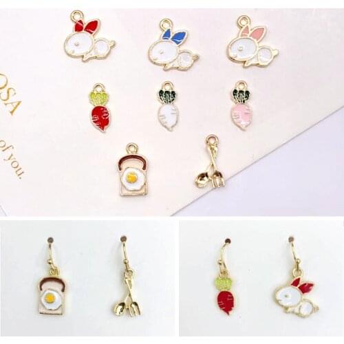 10pcs/pack Rabbit Radish Bread Knife and Fork Enamel Charms Earring Pendant DIY Craft Bracelet Jewelry Finding Handmade