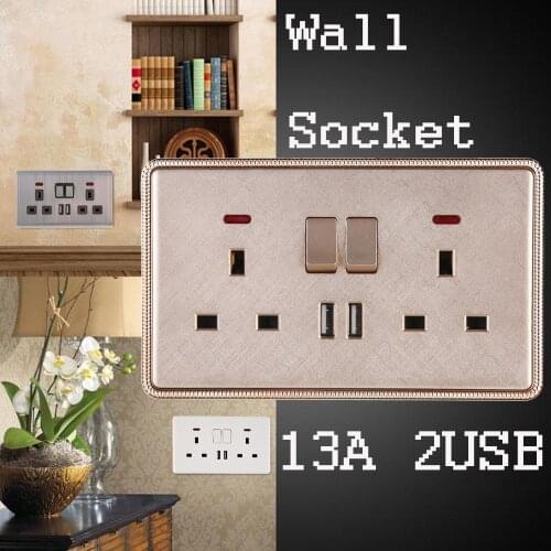 2 Gang 13A Wall Plug Socket 2.1A Dual USB Ports Power Supply Panel With Indicator Switch UK Standard Wall Socket