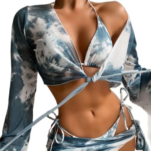 2021 New Print Swimsuit Tie Dye Sexy 4 Piece Luxury High Waistline Bikini Women High Quality Swimwear Plus Size Retro Beachwear