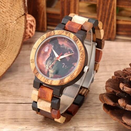 Mens Watch Colorful Wood Watch Strap Male Quartz Minimalist Dial Fold Buckle with Straps Adjuster Instruction Gift for Friends