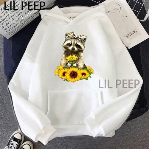 Raccoon Bandana Sunflowers Printed Kawaii Oversized Hoodies Women Tops Long Sleeve Womens Pullover Korean Style Lady Sweatshirts