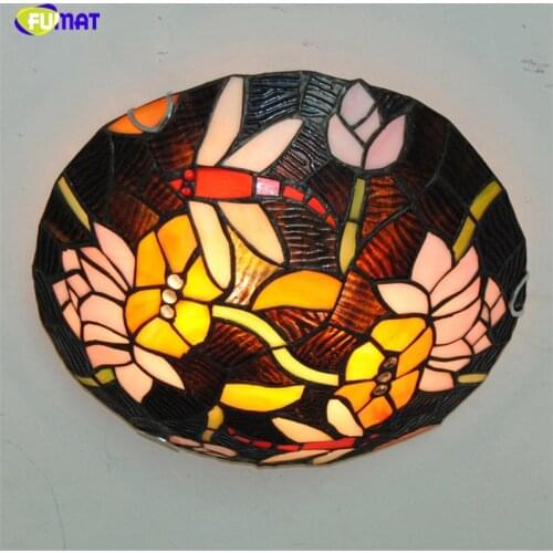 FUMAT 16" Lotus & Dragonfly Ceiling Lamps Tiffany Stained Glass Ceiling Light For Bed Room Dining Room Kitchen LED Art Lamp