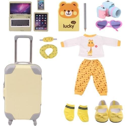 New Yellow Doll Bear Clothes Shoes Suitcase Set For 18Inch American Doll&43CM Born Baby Generation Russian Girls Christmas Gift