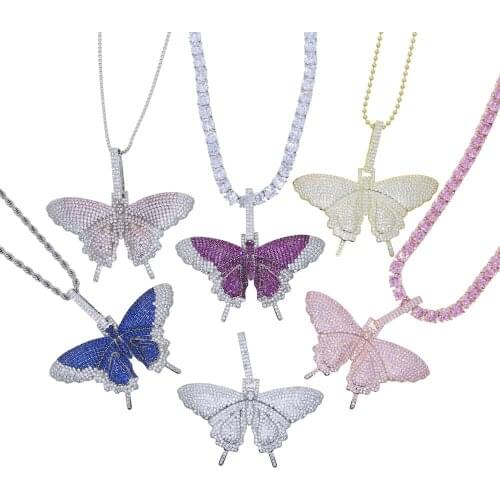 Iced Out sparking Bling 5A Cubic zirconia Colorful Butterfly Pendant Tennis Chain Necklace Hip Hop girl fashion wedding jewelry