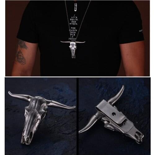 Outdoor EDC Stainless Steel Bull Head Multi-function Personal Safety Tool Pocket Tool Necklace Pendant Defensive Window Breaker