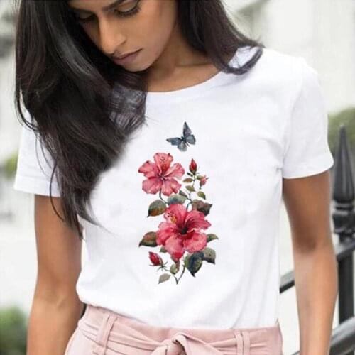 Fashion Floral Flower Butterfly Printed T Shirt Women Tops Summer Short Sleeve Tee Shirt Femme Casual Harajuku Camiseta Mujer