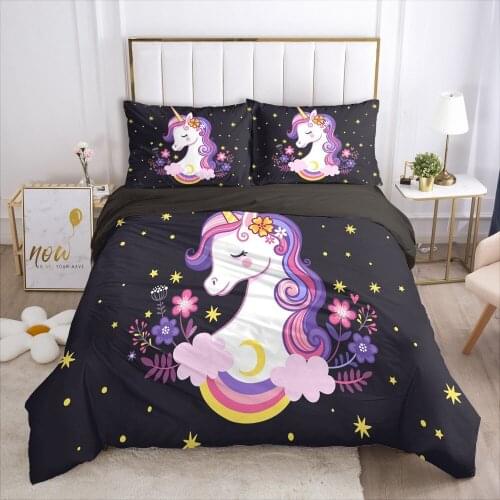 Cartoon Bedding Set for kids baby duvet cover set for home bed linen bed set family sets Euro 4 piece Black flower unicorn