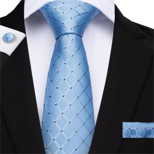 2019 DiBanGu New Blue Plaid Mens Tie 150cm Long Ties Hanky Cufflinks Tie Necktie Business Wedding Party Tie Set MJ-7130