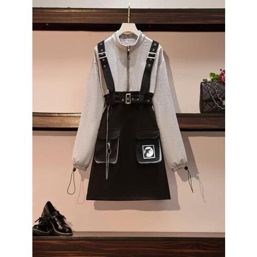2021 Autumn Winter Women Sweater Vintage Gothic Girls Punk Dress High Waist Fake Two-piece Detachable Suspender Skirt Dress Suit