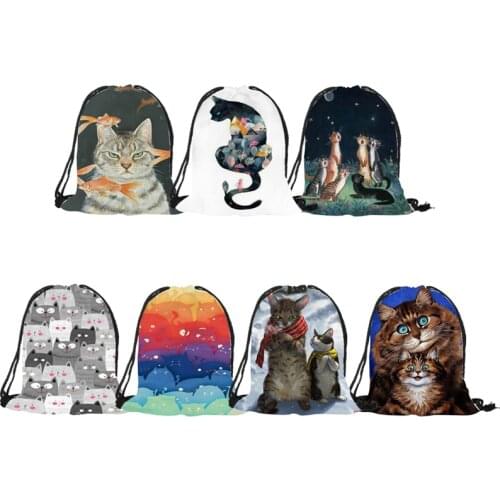 Excellent Cartoon 3D Scarf Chubby Cat Printing Design String Backpack Polyester Easy Carry Drawstring Bag Teenager Casual Bags