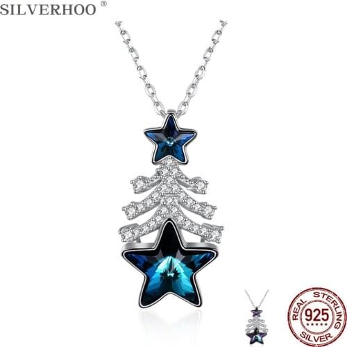 SILVERHOO Christmas Tree Pendant Necklaces 925 Sterling Silver Women Austria Colorful Star Crystal Romantic Christmas Gift 2020