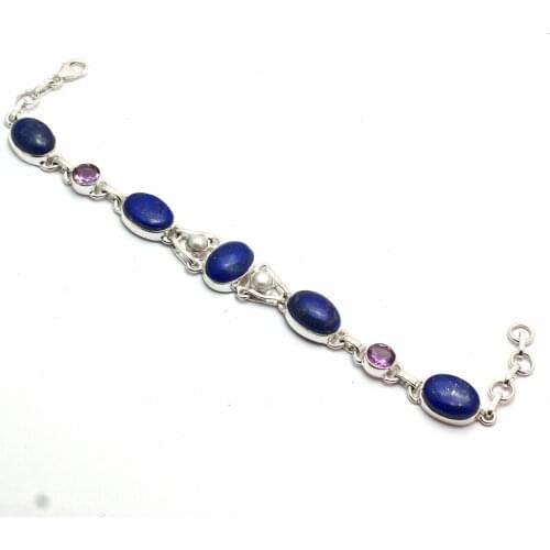 Genuine Lapis Lazuri + Amethyst + Pearl Bracelet 925 Sterling Silver, Women Fine Jewelry Gift, 21 cm, MHBBR0178