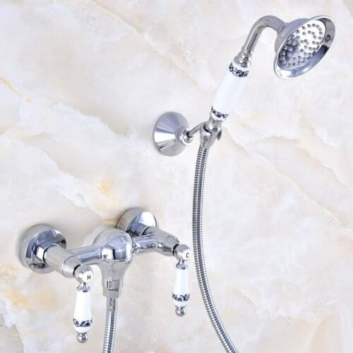 Polished Chrome Wall Mounted Bathroom Faucet With Hand Held Shower Head Bathroom Shower Faucet Set Mixer Tap zna781