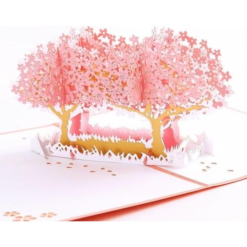Pink Cherry Tree 3D Pop Up Greeting Cards Cut Post Card for Birthday Christmas Valentine Day Party Wedding Decoration Gift