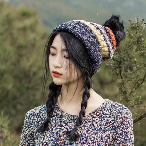 Newest Autumn Winter Knitted Wool Lady Fashion Hat Colored Stripes and Velvet Warm Thickening Pompom Ball for Women Caps