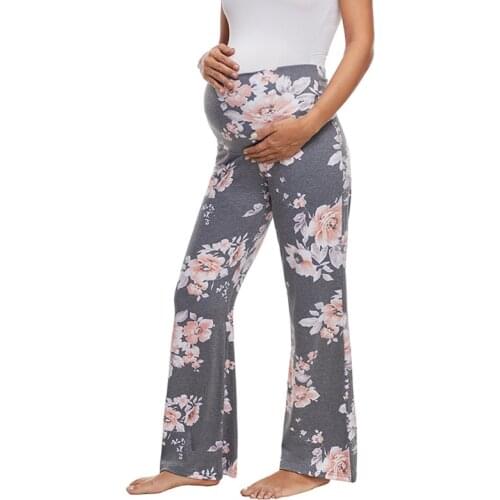Comfortable Maternity Wide Leg Pants High Waist Lounge Pregnant Straight Pants Stretch Flower Printed Pregnancy Nursing Pants