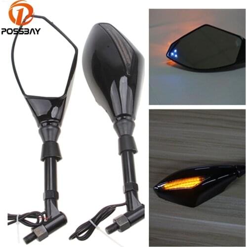 POSSBAY 8/10mm Universal Motorcycle Rear View Mirrors LED Cafe Racer for Kawasaki Z750 Harley Suzuki Turn Signal Indicator Light
