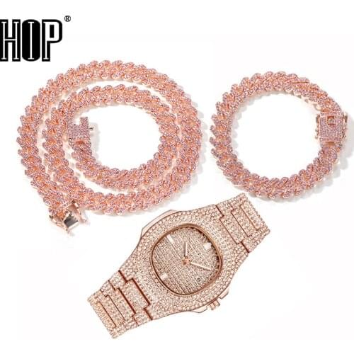 Hip Hop Baguette Watch+Necklaces +Bracelet 12MM Iced Out Paved Pink Rhinestones Miami Prong Cuban Chain For Women Men Jewelry