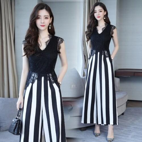 Wide Leg Jumpsuit Stripe Summer Overalls Lace Patchwork V Neck Womens Playsuit Elegant Jumpsuits For Women 2019 DD2157