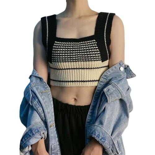 IMCUTE Womens Striped Printed Sweater Vest Fashion High Street Square Neck Sleeveless Slim Knit Cropped Top Autumn Sweater 90S