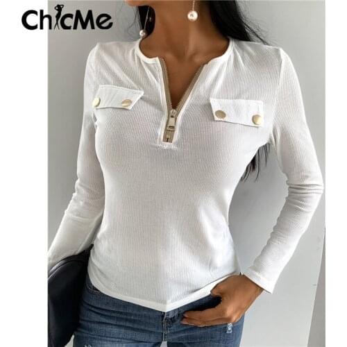 Chicme Autumn Winter Women Button Zipper Design Ribbed Knitted Tops Pullovers Long Sleeve O-Neck Jumper Casual Sweater Chic