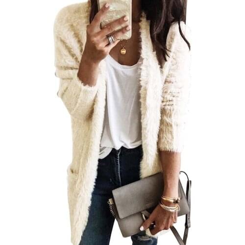 Women Autumn Winter Fleece Warm Long Sleeve Solid Plus Size Long Cardigan Coat Female Casual Solid Color Fluffy Plush Overcoat