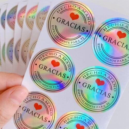 100pcs 1inch Gracias sliver Laser gold Round Waterproof Stickers Colorful Adhesive Paper Sticker Thank you Reflective