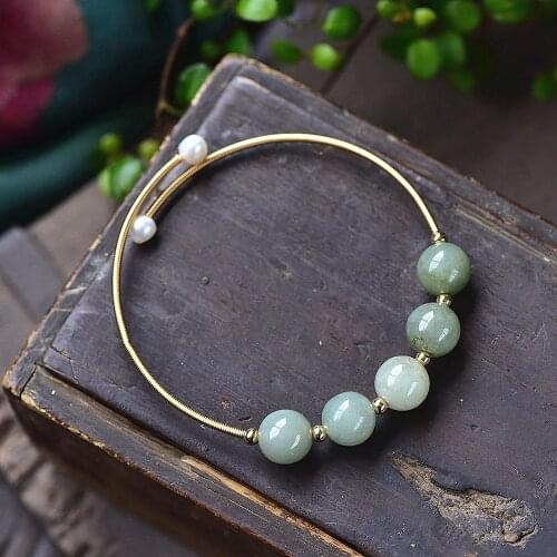 Natural Green Jades Stone Round Beads Bracelet Natural Pearl 14K Gold Filled Wire Bangle Winding Handmade DIY Jewelry For Woman