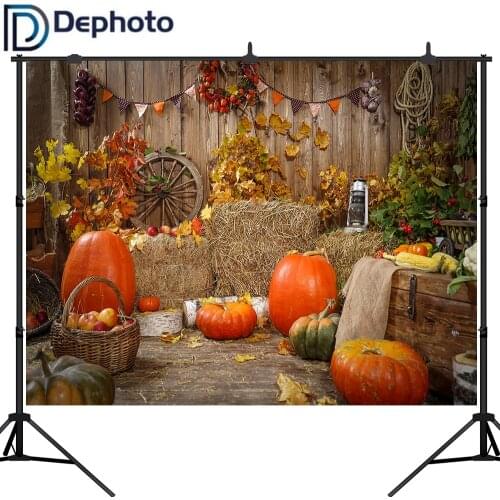 Dephoto Wooden Barn Farmhouse Interior Autumn Harvest Background Photography Leaves Pumpkins Haystack Backdrop Photo Studio